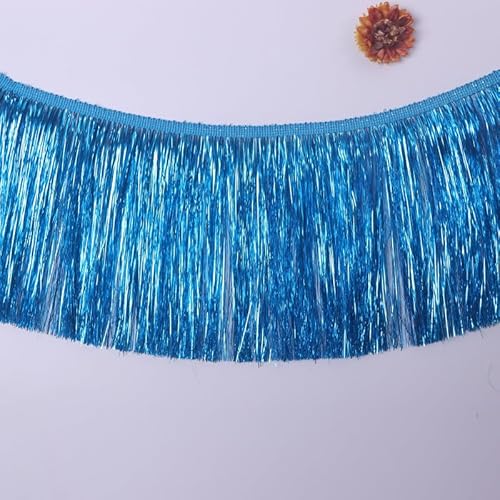 WANYI 20CM 10 Yards Quaste Seide Fransen mit Metallic Lametta Fransenborte Fransenbordüre Fransenbesatz Glänzende Quastenbesatz für DIY Basteln,Weihnachten Kleidung, Tanzkostüm, Vorhänge (Blau) von WANYI