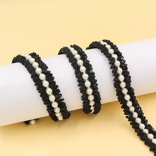 WANYI 3 Yards 1.7cm Breit Spitzenband mit Perlen Spitzeborte Perlenband Polyester Spitzenbordüre Rüschen Borten und Bänder zum Nähen fur Rock, Kleidungsstück,Kragen,Vorhang Dekoration(Schwarz Weiß) von WANYI