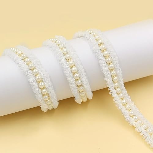 WANYI 3 Yards 2cm Breit Spitzenband mit Perlen Dekoband Spitzeband Weiß Vintage Spitze Zierband Polyester Perlenband Kostüm Zubehör für Kragen,Scrapbooking,Geschenkbox,Heimdekorationen(Weiß) von WANYI