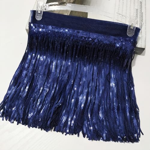 WANYI 3 Yards Fransen Fransenborte mit Goldfaden Borten und Bänder zum Nähen 20cm Breite Quaste Seide Glitzer Fransenbordüre Dekoband für Vorhang,Kostüm,Heimdekoration,Latein Tanzkleidern(Marineblau) von WANYI