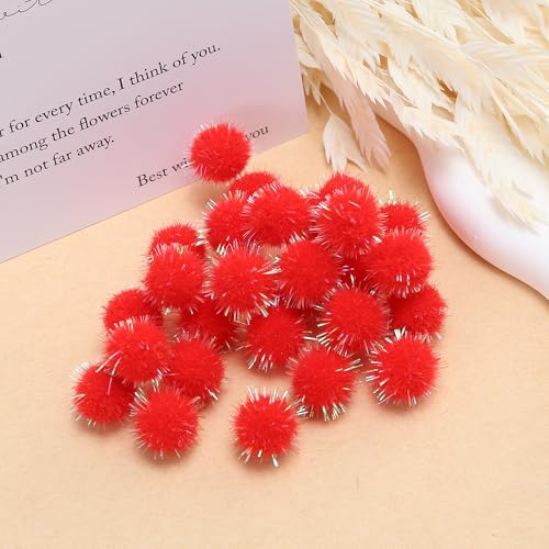 WANYI 300 Stück 2 CM Glitter Pompons zum Basteln Mini Pom Poms Bunte Rund Flauschigen Plüsch Bälle Bommel Weihnachten Pompoms mit Pailletten für DIY Kreativen Handwerk Kleidung Vorhänge (Rot) von WANYI