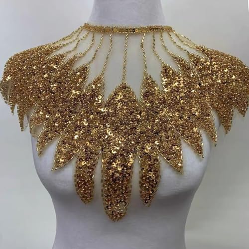 WANYI Spitze Applique Patch Stickerei Spitzenkragen Halskragen Pailletten Spitze Ausschnitt Einsatzkragen Kragen Verzieren für DIY Brautkleid Dekoration Kleidung Zubehör (Gold) von WANYI