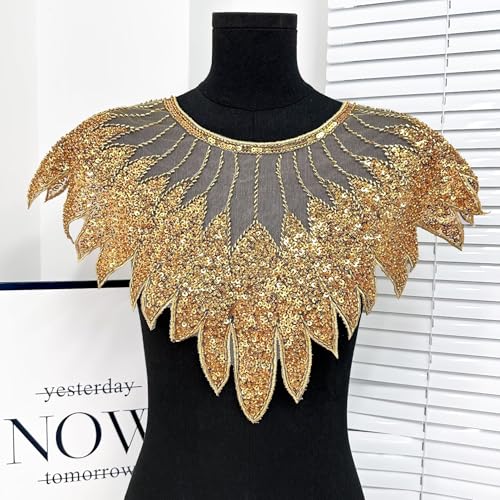 WANYI Spitze Kragen Applikation Stickerei Patches Pailletten Spitze Ausschnitt Blumen Tüll Spitzenkragen Einsatzkragen Kragenbesatz für DIY Brautkleid Abschlussball Kleidung Nähen Zubehör(Gold) von WANYI