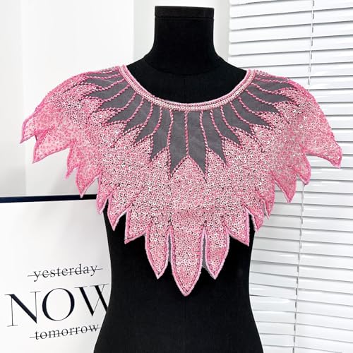 WANYI Spitze Kragen Applikation Stickerei Patches Pailletten Spitze Ausschnitt Blumen Tüll Spitzenkragen Einsatzkragen Kragenbesatz für DIY Brautkleid Abschlussball Kleidung Nähen Zubehör(Rosa) von WANYI