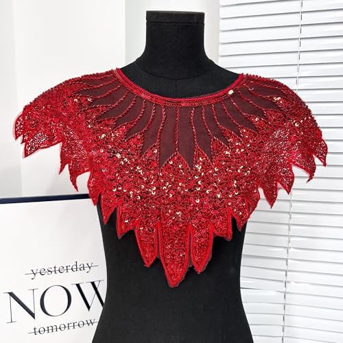 WANYI Spitze Kragen Applikation Stickerei Patches Pailletten Spitze Ausschnitt Blumen Tüll Spitzenkragen Einsatzkragen Kragenbesatz für DIY Brautkleid Abschlussball Kleidung Nähen Zubehör(Rot 01) von WANYI