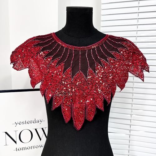 WANYI Spitze Kragen Applikation Stickerei Patches Pailletten Spitze Ausschnitt Blumen Tüll Spitzenkragen Einsatzkragen Kragenbesatz für DIY Brautkleid Abschlussball Kleidung Nähen Zubehör(Rot 02) von WANYI