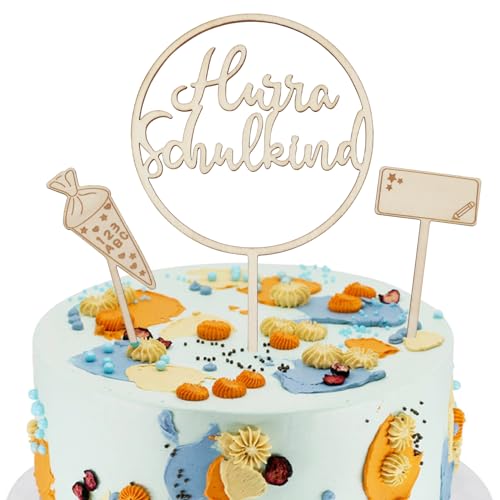 WANYIG 3 Stück Tortendeko Einschulung Deko Schulanfang Tortendeko Holz Schultüte Schuleinführung Deko Hurra Schulkind Cake Topper Set Personalisiert für Junge Mädchen Kinder von WANYIG