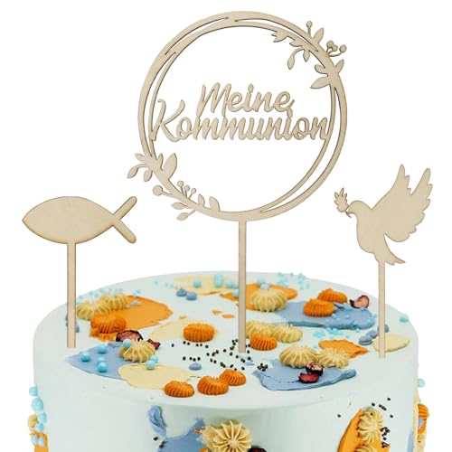 WANYIG 3 Stück Tortendeko Kommunion Deko Holz Cake Topper Meine Kommunion Erstkommunion Deko Fische Taube Tischdeko Babyparty Dekoration für Junge Mädchen von WANYIG