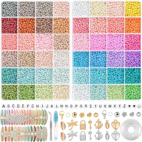 WAREHOUSE 48 Farbe 18000 Stück 3mm Glasperlen Set,Selber Machan Perlen, Bastbeln Perlen zum Auffädeln mit 300 Weiße und Schwarze Buchstabenperlen für DIY Geschenkidee von WAREHOUSE