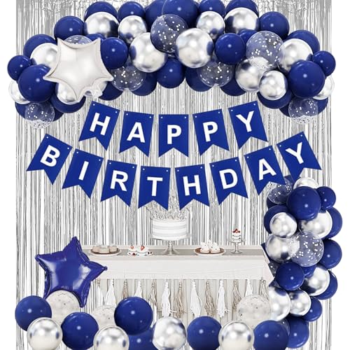 Marineblaue Geburtstagsballons Dekorationen, Blau und Silber Happy Birthday Banner mit Fransen Vorhänge für 16th 30th 40th 50th 60th 70th 80th 90th Männer Party Supplies von WARRENSON