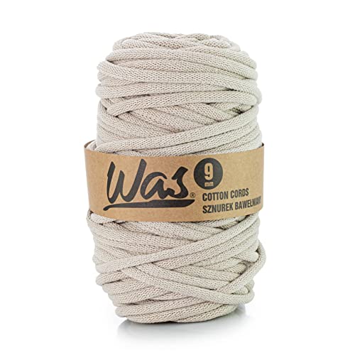 WAS Baumwollkordel mit Polyesterkern 9 mm 50m Baumwollgarn DIY Makramee Stricken Cotton Cord Hellbeige ideal für Makramee Handwerk Baumwollseil für Basteln von WAS