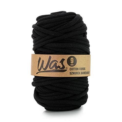 WAS Baumwollkordel mit Polyesterkern 9 mm 50m Baumwollgarn DIY Makramee Stricken Cotton Cord Schwarz ideal für Makramee Handwerk Baumwollseil für Basteln von WAS