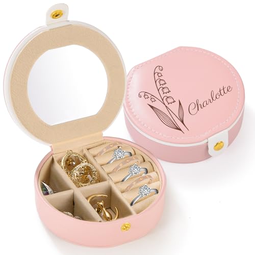 WASHNN Personalisierte Schmuckschatulle, Reise-Schmuckkästchen, PU Kleine Schmuckschatulle, Reise-Mini-Schmuckkästchen, geeignet für Ringe, Ohrringe, Armbänder, Halsketten (Rund rosa) von WASHNN