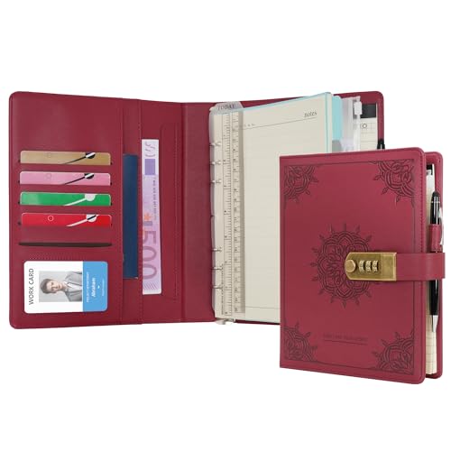 WASON Tagebuch mit Schloss A5 Liniertes Notizbuch Ringbuch Portfolio, Nachfüllbares Schreib Papier Journal, Stift, Klemmbrett Planer Organizer für ideal Geschäft, Schule & Reisen (Rot) von WASON