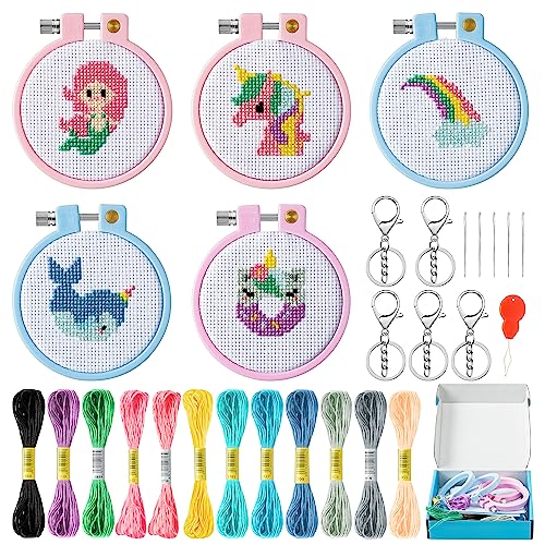 WATINC 9PCS Embroidery Cross Stitch für Kinder, Einhorn Muster Stickerei Anfänger Set Unicorn Gestempelt Kreuzstich Nähen Kit mit Nadelspitze Schlüsselanhänger, Starter Kit Nähen Set mit Anleitung von WATINC