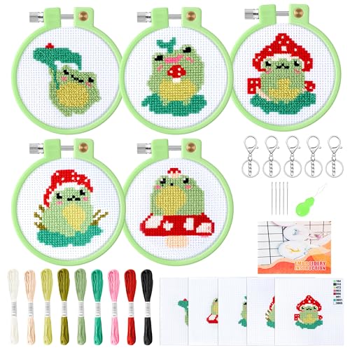 WATINC Anfänger Stickerei Set - 9 Stück DIY Kunst Handwerk Nähen Kinder Kreuzstich Set Mit Pilz Frosch Mustern Und Anweisungen Kreuzstich-Set Embroidery Starter Kit Punch Needle Anfänger Stickerei Set von WATINC