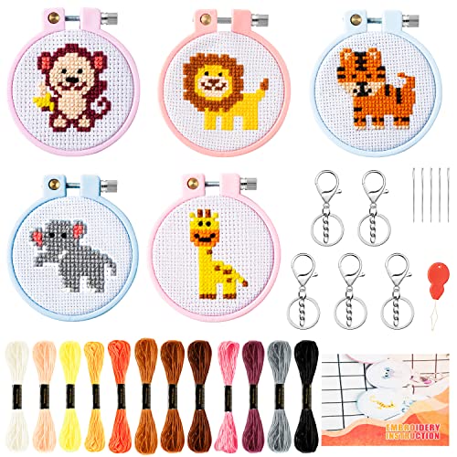 WATINC Dschungel Stickerei Starter Set für Anfänger Erwachsene Kreuzstich Starter kit mit Anleitung Stickgarnituren Verstellbare Garnstanznadel Punch Needle für Handwerk Stitching von WATINC