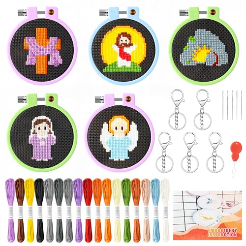 WATINC Embroidery Cross Stitch für Kinder - Ostern Muster Stickerei Anfänger Set DIY Schlüsselanhänger Kreuzstich Anfänger mit Nadelspitze Schlüsselanhänger, Starter Kit Nähen Set mit Anleitung von WATINC