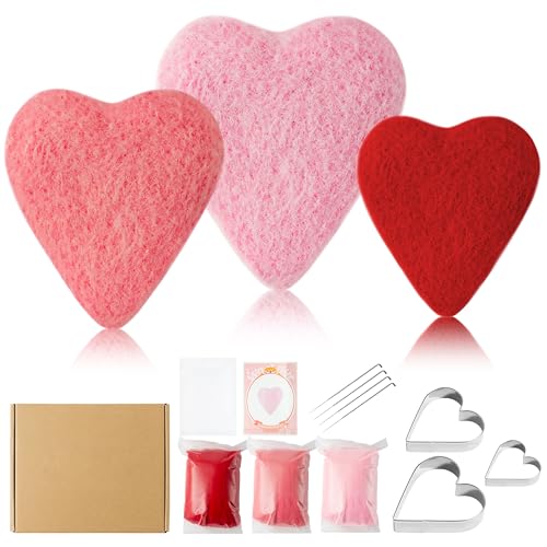 WATINC Kleine Herzen Mini-Filzsets – 3 Farben, rot, rosa, pfirsichfarben, Herz-Puppe, Wolle, Basisnadelfilzwerkzeuge, Schaumstoff-Pad, DIY-Heimdekoration, Nadelfilzen, Bastelzubehör, Partyzubehör für von WATINC