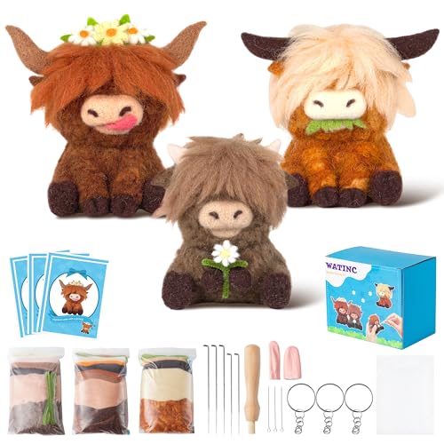 WATINC Nadelfilz Set Needle Felting Starter Kit 3 verschiedene Hochlandkühe DIY Nadelarbeit Handwerk Filz Werkzeuge Filznadeln Puppe Wolle Partyzubehör für Anfänger Erwachsene Kinder von WATINC