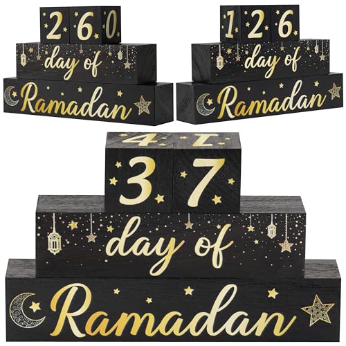 WATINC Ramadan Mubarak Party Dekorationen Kalender Block Tischdekoration Ramadan Kareem Advent hölzerner Tafelaufsatz Dekorationen Schwarzes Gold gestaffeltes Tablett Schilder Partyzubehör von WATINC