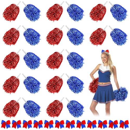 WATUNID 24 Stück Cheerleader Pompons mit Baton Handle, Metal Foil Pom Poms Cheerleading mit Große Haarschleife, Pompons Cheerleader für Schule, Sport, Tanz, Karneval Parteien, Wettbewerb (Blau,Rot) von WATUNID