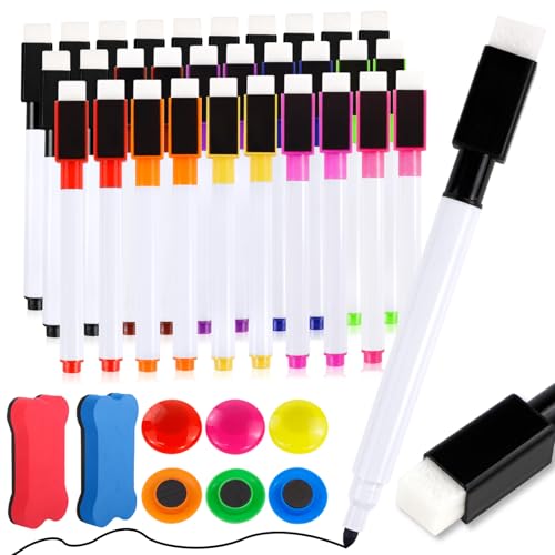 WATUNID 30 Stück Whiteboard Marker, 10 Farbe Magnetische Whiteboard Stifte mit 2 Whiteboard Schwamm und 6 Magnete, 3 in 1 Folienstift Trocken Abwischbar Stift für Büro, Schule, Zuhause usw von WATUNID