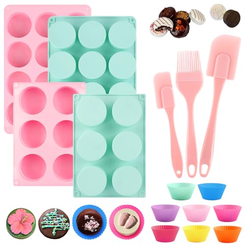 WATUNID 4 Packungen Silikonform Schokolade mit 3 Spateln, 8 Muffinförmchen, Runde Zylinderform 12 und 6 Cavity Silikon Muffinförmchen für Cupcakes, Handgefertigte Seife, Muffin, Kuchen(Rosa&Grün) von WATUNID