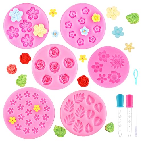 WATUNID Fondant Silikonform Blumen, 6 Stück 3D Blume Silikon Seifen Form mit 2Pcs Dropper und Pinsel, Schokoladenform Silikon für Kuchen Dekoration Schokolade Handgemachte Süßigkeit Herstellung von WATUNID