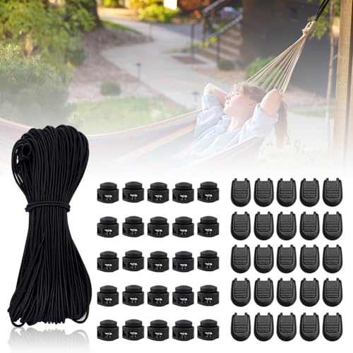 30m Elastische Gummiseil, Gummischnur Schwarz 3 MM, Hochelastisch Gummizug, Mit 25 Stück Reißverschluss Pull Cord Lock Cord, 25 Stück Doppel-Loch Frühling, Für DIY Zelt Rucksack Wäscheleinen von WAVATA