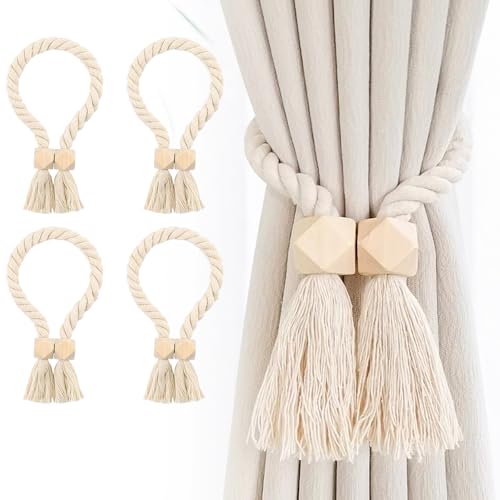 4 Stück Magnetische Vorhang Raffhalter, Gardinenhalter Vorhanghalter, Gardinenraffer aus Holz Boho,Baumwolle, handgewebt, Raffhalter, Vorhangbänder für Vorhänge (Beige) von WAVATA