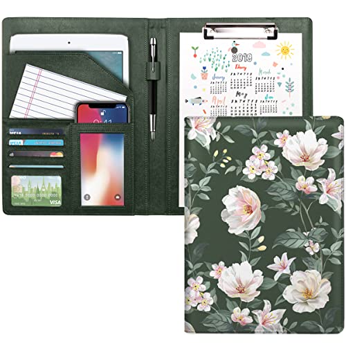 WAVEYU Portfolio Hülle für Frauen, Padfolio Cover für Mädchen, Konferenz/Lebenslauf/Rechtliche Dokumente Organizer mit Brief/A4 Größe Klemmbrett Hartfaserplatte, Visitenkartenhalter, grüne Blume von WAVEYU