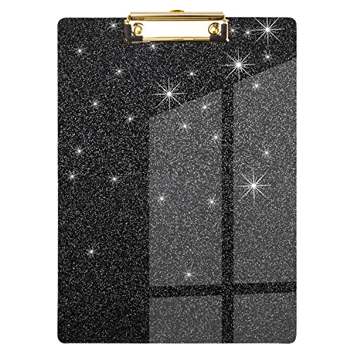 WAVEYU Schwarzes Glitzer-Klemmbrett, Acryl-Klemmbrett für Damen und Herren, Stardard Briefgröße A4, 31,8 x 22,9 cm, 2,5 mm Stärke, goldfarbener Clip von WAVEYU