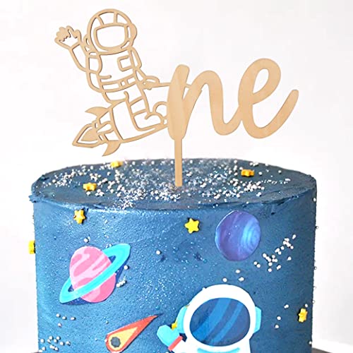 Tortenaufsatz zum 1. Geburtstag mit Weltraummotiv – Rakete aus Holz – Kuchenaufsatz für den ersten Geburtstag des Babys – Geburtstagstortenaufsatz für Foto-Requisiten – Astronauten-Holz-Kuchenflagge von WAWUO