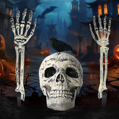 WAYBWZDQ 4 Teile Halloween Skelett, Halloween Plastikskelett, Skelett Deko, Totenkopf Deko mit Beweglichen Gelenken, mit Schädelkopf, Skelett Hand und Krähen, für Outdoor Garten, Rasen von WAYBWZDQ