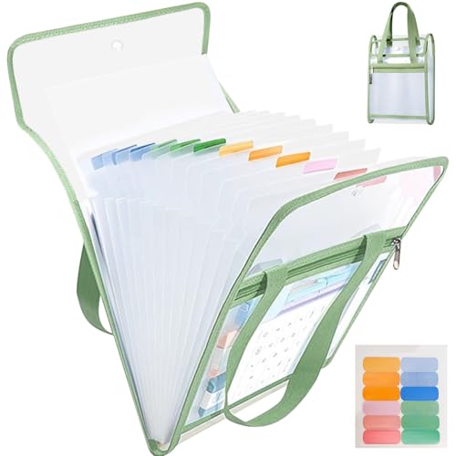 WAYUTO Transparenter Akkordeon-Aktenordner mit Netzgewebe vorne, 13 Taschen für Dokumente, Briefgröße, A4-Papier, Fächermappe, tragbare Reißverschlusstasche für Klassenzimmer, Zuhause, Grün von WAYUTO