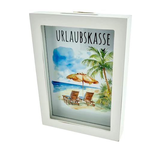 Spardose Geldgeschenk, Urlaubskasse Strand Meer, 19,5x14,5x3cm, Holz weiß, im Bilderrahmen von WB wohn trends