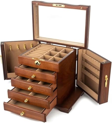 WBRSybUK Schmuckaufbewahrung Schmuckschatulle 4 Schubladen Hartholz Großer Schmuck-Organizer Aus Holz Mit Spiegel Und Schloss Schmuckschatulle Aufbewahrung,C von WBRSybUK