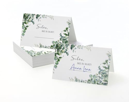 50 x Hochzeit Tischkarten - Eukalyptus "Schön, dass du da bist" Namenskarten zum Beschriften - Platzkarten für Hochzeit Konfirmation Kommunion Taufe Tischdekoration von WBdesignz