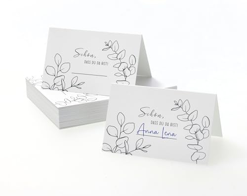 50 x Hochzeit Tischkarten - "Schön, dass du da bist" Namenskarten zum Beschriften - Eukalyptus Schwarz Weiß Platzkarten für Hochzeit Konfirmation Kommunion Taufe Tischdekoration von WBdesignz