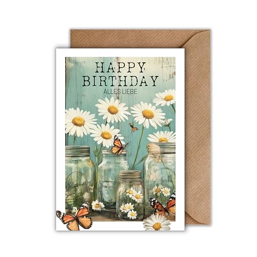 Geburtstag Karte mit Umschlag - Geburtstagskarte “HAPPY BIRTHDAY ALLES LIEBE” Margeriten Distelfalter Schmetterlinge Aufbewahrungsglas Sommer Geschenkkarte zum Geburtstag Geburtstagsgruß (DIN A6) von WBdesignz