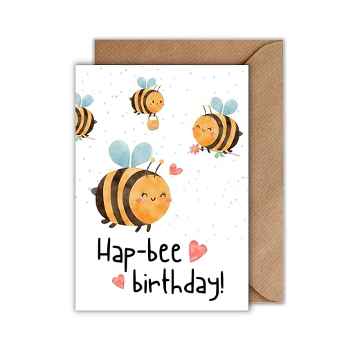 Geburtstag Karte mit Umschlag - Geburtstagskarte “Hap-bee birthday” Bienen Herzen Wortspiel Glückwunschkarte Geschenkkarte zum Geburtstag Geburtstagsgruß (DIN A6) von WBdesignz