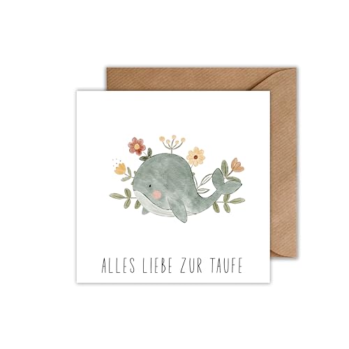 Karte Taufe Taufkarte mit Umschlag - Alles Liebe zur Taufe Wal mit Blumen - Taufgeschenk Karte zur Taufe als Klappkarte (125 x 125 mm) von WBdesignz