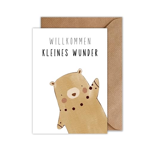 Karte Taufe Taufkarte mit Umschlag - Willkommen kleines Wunder winkender Bär - Taufgeschenk Karte zur Taufe als Klappkarte (DIN A6) von WBdesignz