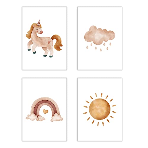 Kinderzimmer Bilder 4er Set Poster Boho Deko Babyzimmer Mädchen Einhorn Regenbogen Wolke Sonne von WBdesignz