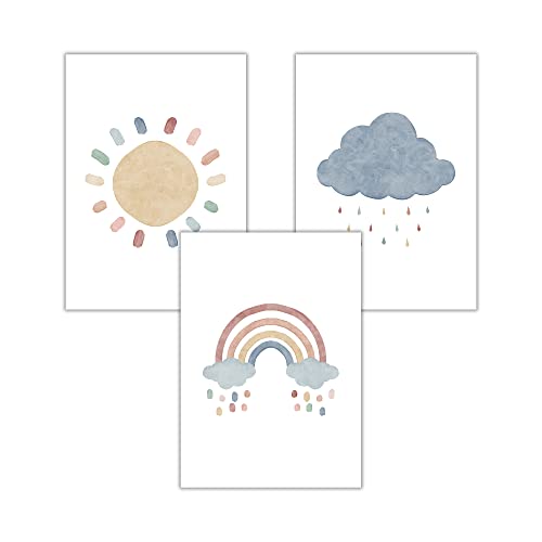 Kinderzimmer Bilder Boho 3er Set Poster Deko Babyzimmer Für Tochter Sohn Regenbogen Wolke Sonne von WBdesignz