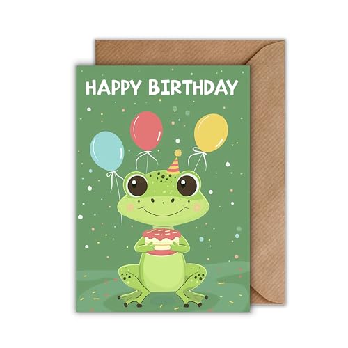 WBdesignz Geburtstag Karte mit Umschlag - Geburtstagskarte “Happy Birthday” Frosch mit Torte und Luftballons Konfetti Cartoon Glückwunschkarte Geschenkkarte zum Geburtstag (DIN A6) von WBdesignz