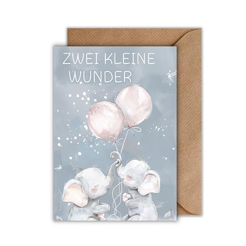 Glückwunschkarte zur Geburt von Zwillingen - Geschenkarte mit Umschlag "Zwei kleine Wunder" Zwillingsmädchen Babybarty Geburtsglückwunsch Babyglückwünsche Elefanten mit Lufballons Aquarell (DIN A6) von WBdesignz