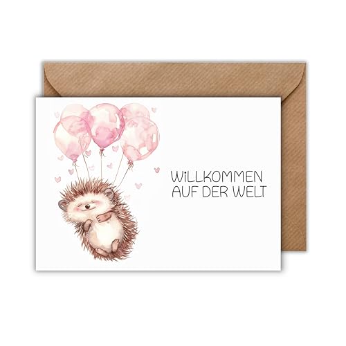 Glückwunschkarte zur Geburt - Geschenkarte mit Umschlag "Willkommen auf der Welt" Glückwünsche für Mädchen Babybarty Geburtsglückwunsch Babyglückwünsche Igel mit Luftballons Pink (DIN A6 - quer) von WBdesignz