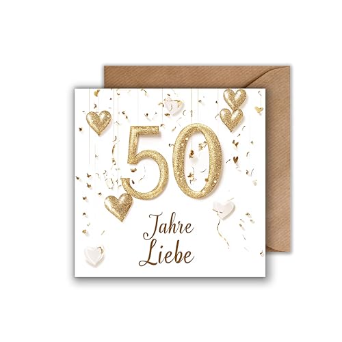 Goldene Hochzeit karte mit Umschlag - Geschenkkarte zum Jahrestag Gold Luftballons Konfetti Glitzer Herzen Glückwunschkarte zum Hochzeitstag Liebe 50 Jahre Ehe Ehepaar Jubiläum (125 x 125 mm) von WBdesignz